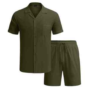 Men's Olive Green Short Sleeve Shirt And Shorts <b>Set</b> Solid Color <b>Knitted</b> Cotton Breathable Casual Summer Wear Turn-down Collar - Product Image 1