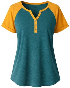 T-shirt pour femme jaune sarcelle à manches courtes, col Henley, coupe raglan, en coton doux, décontracté, idéal pour l'été, confortable pour le quotidien, élégant - Product Image 1
