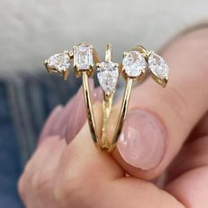 Bague ouverte multi-formes en or massif avec diamants et pierres taillées cœur, poire, ovale, émeraude, marquise et poire – Cadeau moderne pour elle - Product Image 4