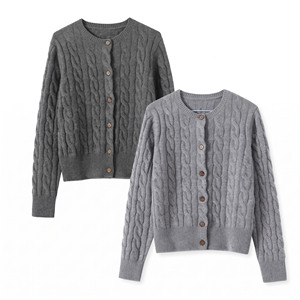 Women Cable Knit Cardigan Long Sleeve Crew Neck Button Front Solid Color Casual Autumn <b>Sweater</b> 100% Acrylic - Product Image 5