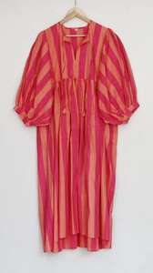 เดรสลายทางพิมพ์ลายบล็อกแฮนด์เมดความยาวปานกลาง |   ผ้าก๊อซฝ้ายโบฮีเมียน - Product Image 6