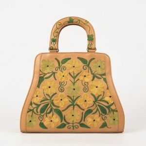Kashmiri Crewel Embroidery <b>Top</b> Handle Bag – Tan Leather with Yellow & Green Floral Design - Product Image 1