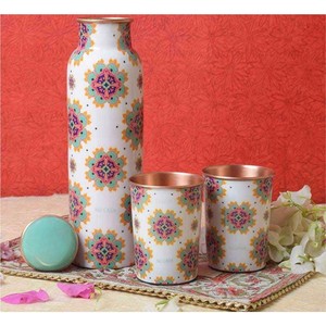 Handmade Pure Copper Water <b>Bottle</b> Set Hammered Engraved Ayurvedic Health Benefit Leakproof Copper Vessel Yoga Gym Sports <b>Flask</b> - Product Image 4