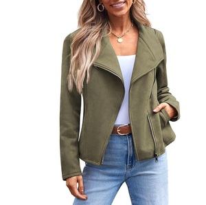 Veste moto en daim vert olive pour femme, manches longues, col en V, fermeture éclair, style automne - Product Image 1