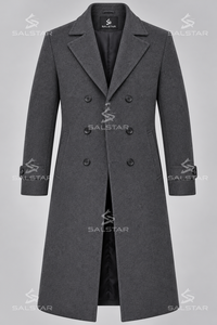 Manteau long en laine pour homme, double boutonnage, revers cranté, épais, pour l'hiver, classique, gris anthracite, style trench-coat formel pour affaires - Product Image 4