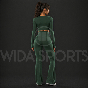 Conjunto de Pantalones de Yoga Acampanados Personalizados al por Mayor para Mujer, Leggings de Cintura Alta, Top Corto de Manga Larga, Conjunto Deportivo Transpirable para Gimnasio - Product Image 2