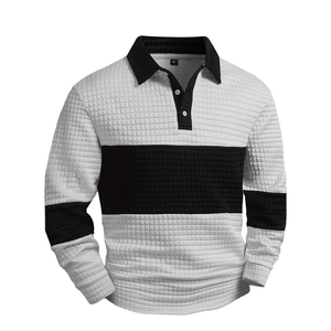 Men's Long Sleeve <b>Waffle</b> Knit Polo Shirt Color <b>Blocked</b> Casual Solid Design Button Front Regular Fit - Product Image 1