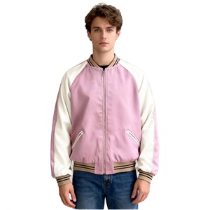 Men's Pink And Cream Color Blocking Varsity <b>Jacket</b> With Zipper Closure Regular Fit Casual Style Autumn Wear - Product Image 4