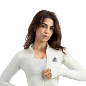 Veste sculptante courte blanche pour femme, zippée sur le devant, col montant, manches longues, coupe ajustée, extensible, haut de sport avec emmanchures pour pouces - Product Image 6