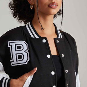 Varsity Jacket Black White Color Block Striped Trim Regular Fit Turn <b>Down</b> Collar Zipper Closure Autumn Casual Wear Unisex - Product Image 6