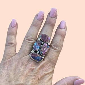 Bague Turquoise Naturel Kingman Rose Dahlia Multicolore Turquoise Rose Spiny Oyster Bague en Argent Sterling Fait Main - Product Image 2