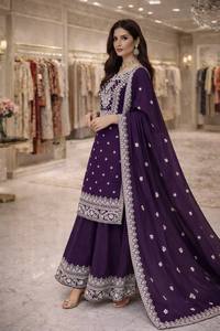 Ensemble Salwar Kameez en soie Fandy lourde, orné de pierres gaufrées violettes, pour femmes indiennes et pakistanaises, tenue de fête traditionnelle, robe de mariage - Product Image 3