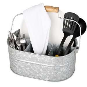 Wholesale Suppliers Galvanized Metal Utensil <b>Caddy</b> with Wooden Handle Rustproof 4 Compartment Flatware Silverware Cutlery Holder - Product Image 1