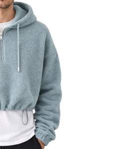 Sweat à capuche court en polaire texturée bleu poussière, quart de zip, ourlet ajustable avec cordon de serrage, streetwear décontracté, pull chaud, logo personnalisé - Product Image 3