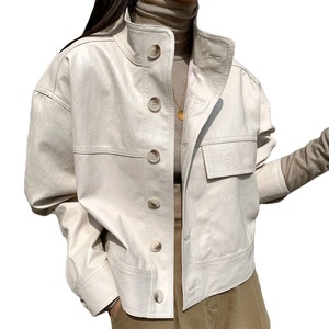 Korean Simple Single Breasted <b>Leather</b> Jacket Women Fashion Stand Collar Loose Casual Genuine <b>Leather</b> Locomotive <b>Coat</b> Outerwear - Product Image 1