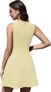 Vestido Mini sin Mangas con Cuello Redondo, Corte en A, Color Amarillo Sólido, Casual, Veraniego, Transpirable, con Bolsillos, Estilo Tejido Ajustado - Product Image 2