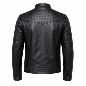 Blouson moto homme en cuir véritable noir, col montant, fermeture éclair avant, coupe ajustée, manches classiques, couleur unie, pour l'automne - Product Image 5