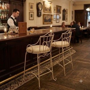 Tabourets de bar en fer forgé sur mesure en gros, chaises hautes commerciales en métal, mobilier d'extérieur pour jardin et balcon, coussin crème, style transitionnel - Product Image 4