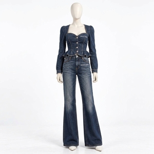 Conjunto de Dos Piezas de Mezclilla Azul Oscuro para Mujer, Chaqueta con Botones y Corsé, Jeans Rectos con Corte de Campana, Fabricante de Ropa al por Mayor, OEM, ODM Personalizado - Product Image 3