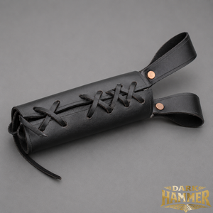 Hand craft medieval Viking leather sword and axe frog with angled dual belt <b>loops</b> metal O rings and corset style cross lacing - Product Image 3