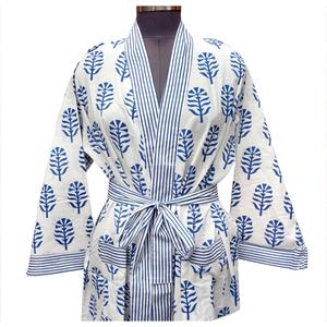 Bata Kimono Azul con Estampado, Cuello en V, Ropa de Dormir Informal, 100% Algodón Transpirable, Larga, con Cierre de Cinturón, Mangas Largas, Suave - Product Image 3