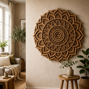 Arte de Pared Mandala Redondo Tridimensional Hecho a Mano en Madera |   Decoración de Pared de Geometría Sagrada Cortada con Láser de Varias Capas |   Estilo Boho Rústico para el Hogar, Sala de Estar - Product Image 1