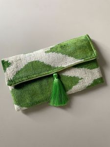 PRABHAVA <b>Green</b> Chevron Pattern Clutch <b>Bag</b> Tassel Handmade Cotton Lining Fabric Storage Pouch Bohemian Style Rectangle Shape 7 - Product Image 1