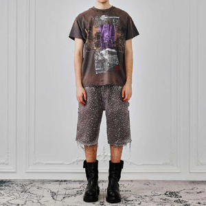 Pantalones cortos de mezclilla casuales para hombre, de cintura media, desgastados, estilo vintage, holgados, lavado claro, con dobladillo sin rematar, con pedrería, de lona de algodón tipo duck - Product Image 4