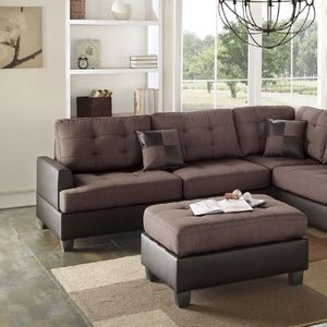 Divano Sezionale Reversibile a 3 Posti in Tessuto Cioccolato con Chaise Longue e Pouf, Cuscini in Polifibra, Arredamento per Soggiorno - Product Image 3