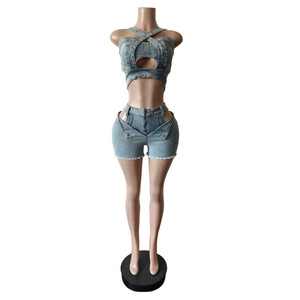 Women's 2 Piece Denim Shorts <b>Set</b> Criss-Cross Top Hollow Out <b>Sexy</b> Club Wear Spring Summer Casual Breathable Fashion Outfit - Product Image 4