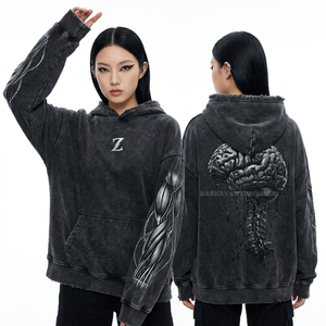 Sudadera con capucha y cremallera azul verdoso con lavado ácido para mujer, estampado gráfico de calavera cibernética con código binario, chaqueta de forro polar pesado con efecto desgastado, venta al por mayor - Product Image 5