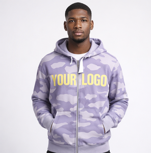 Nouveau design tendance : Sweat à capuche zippé camouflage lavande pour homme, épais et personnalisé - Product Image 1