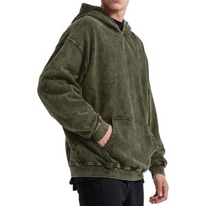 Sudadera con Capucha para Hombre, Verde Oliva, Estilo Vintage, Lavado Ácido, Felpa de Algodón, Hombros Caídos, Corte Holgado, Cómoda y Duradera - Product Image 2