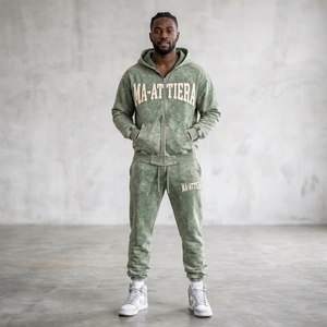 Ensemble de survêtement zippé vert sauge délavé pour homme, sweat-shirt brodé et pantalon de jogging, streetwear, sportswear, activewear, tenue décontractée - Product Image 6