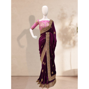DESGASTE FIESTA SECUENCIA TRABAJO SAREE CON BLUSA DESCOSTADA VINO - Product Image 1