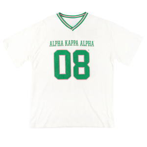 T-shirt blanc oversize en jersey pour femme, col en V, style universitaire, manches courtes, décontracté, athlétique, style sororité grecque - Product Image 1