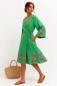 Vestido corto de muselina informal estilo bohemio con estampado de ojo turco verde hasta la rodilla y lazo en la espalda - Product Image 3