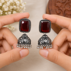 Wholesale Red Stone Oxidized <b>Silver</b> Jhumka <b>Earrings</b> Handmade Ethnic Indian Jhumki <b>Dangle</b> <b>Earrings</b> for Women - Product Image 3