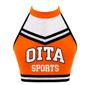 Haut court de cheerleading sans manches orange et noir pour femmes et filles, uniforme de performance athlétique, tenue de sport pour l'entraînement en équipe - Product Image 1
