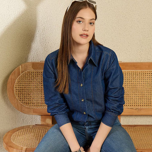 New Vintage Women's Denim Blouse Long Sleeve Single Breasted Casual <b>Top</b> Turn Collar Pockets Plus Size for Autumn Winter - Product Image 5
