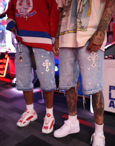 Shorts en jean brodés de croix en diamant gothiques, style rétro américain, avec strass bleus, streetwear hip-hop, pour hommes et femmes - Product Image 4