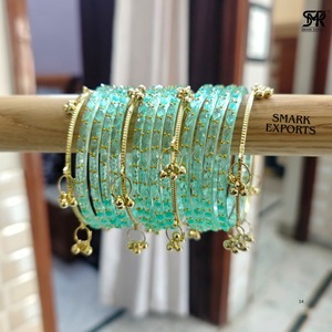 Luxury Handmade Sea Green Kashmiri Raindrop Glass Bangle Set Ghungroo Gold Plated Traditional Ethnic Wedding Jewelry for Women - Product Image 5