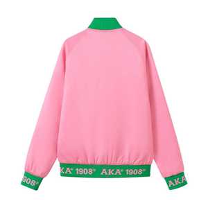 Chaqueta Bomber Rosa Satinada AKA con Forro de Cinta Personalizado, Chaqueta Varsity Bordada con Letras Griegas para Mujer, Estilo Urbano - Product Image 2