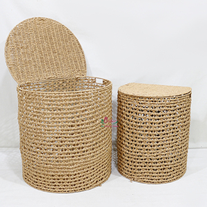 Woven Rattan <b>Storage</b> Baskets Round <b>Collapsible</b> Laundry Hamper Bohemian Style Plant Fiber Handmade Organizers for Living Room - Product Image 1