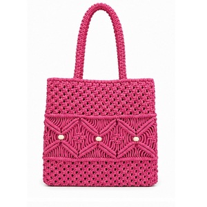 Bolso de Hombro de Macramé Rosa Hecho a Mano para Mujer, Bolso Tote Boho de Algodón Tejido para Compras, Viajes y Uso Diario, en Oferta - Product Image 1