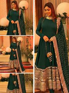 Vestido narkali de diseñador con trabajo de lentejuelas y dupatta de georgette Fox con borde de encaje listo para usar, conjunto completo de tres piezas. - Product Image 5