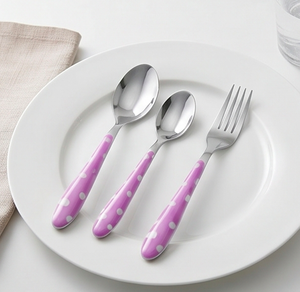 Ensemble de couverts roses à pois, 4 pièces, en acier inoxydable avec manches en plastique, compatibles lave-vaisselle, design mignon pour les fêtes - Product Image 6