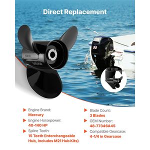 Elica Fuoribordo Migliorata in Alluminio a 15 Denti Scanalati per Motori Mercury 40-140 HP, Adatta a Ingranaggi da 4-1/4 Pollici, Elica Marina OEM - Product Image 2