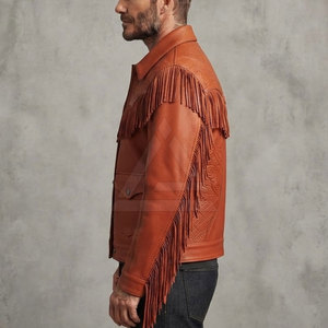Embossed <b>Western</b> Leather <b>Jacket</b> Men Stylish Fringe Outerwear For Outdoor Casual Wear Cowboy Fashion And Streetwear - Product Image 6
