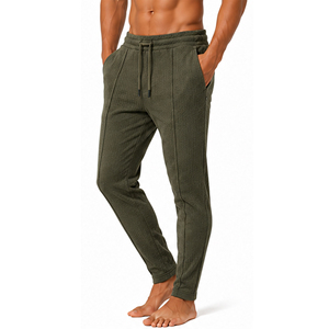 Custom <b>Mens</b> Waffle Knit <b>Trousers</b> Slim Fit Textured Casual Pants <b>Elastic</b> Waist Drawstring Lightweight Fashion Jogger Bottoms - Product Image 1